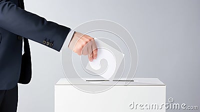 The person places a ballot for the election of president, senator or deputy into a white ballot box. Stock Photo