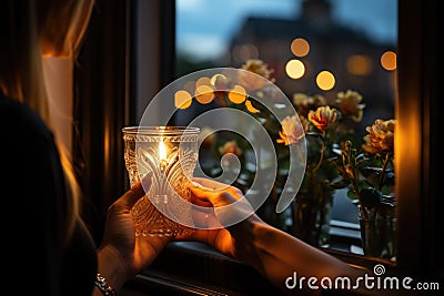 Person placing a candle in a window to welcome guests - stock photography concepts Stock Photo