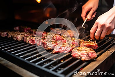 person placing raw ribeye steak on hot grill Stock Photo