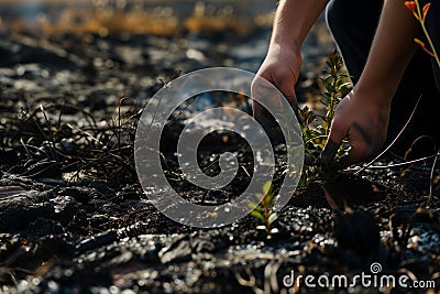 person planting fireresistant plants in a burnt field Stock Photo