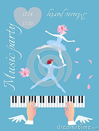 Person playing on grand piano. Hands with wings and little dancing fairy and elf on scy blue background in vector. Vector Illustration