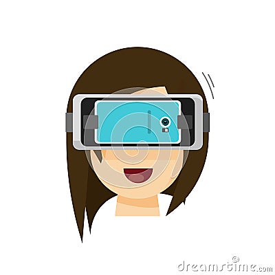 Person playing virtual reality glasses helmet via mobile phone vector Vector Illustration