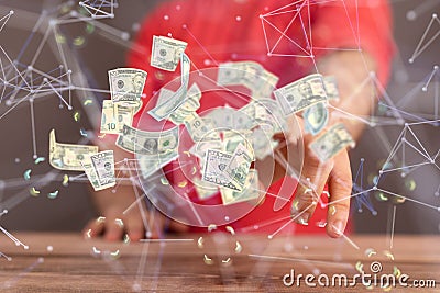 Person pointing to hovering dollar banknotes with digital connecting lines - investment concept Stock Photo
