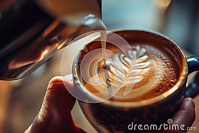 Person Pouring Milk Into Coffee Cup Stock Photo