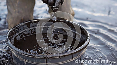 A person pouring water into a bucket in the mud, AI Stock Photo