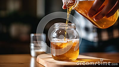 A person pours a liquid into mason jars, AI Stock Photo