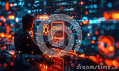 Person Presenting the Concept of DMP Data Management Platform Surrounded by Related Icons Representing Data Collection Analysis Stock Photo