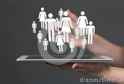 Person presenting a virtual projection of business communication social network Stock Photo