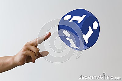 Person presenting the virtual projection of a dice with the letter i for information Stock Photo