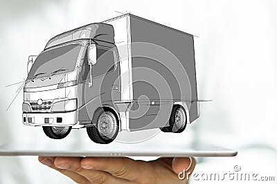 Person presenting a virtual projection of a silver truck Stock Photo