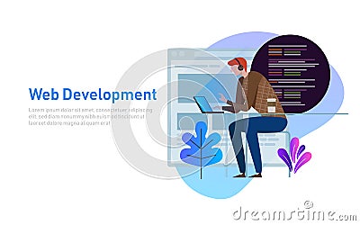 Person programmer working on laptop with program code on screen. Coding and programming vector concept. Illustration of Vector Illustration