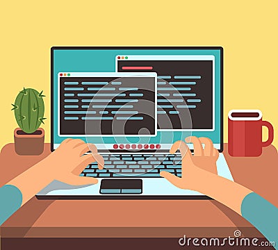 Person programmer working on pc laptop with program code on screen. Coding and programming vector concept Vector Illustration