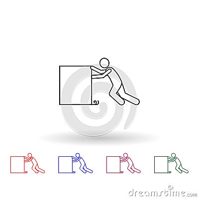 The person pushes the box hard multi color icon. Simple thin line, outline of carrying and picking a box icons for ui and Stock Photo