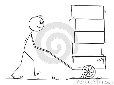 Person Pushing Cart with Boxes, Vector Cartoon Stick Figure Illustration Vector Illustration