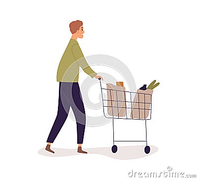 Person pushing shop cart full of bags with groceries. Man walking with shopping trolley. Profile of buyer going with Vector Illustration