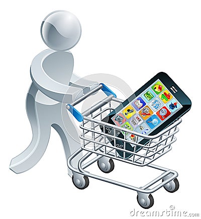 Person pushing trolley with mobile phone Vector Illustration