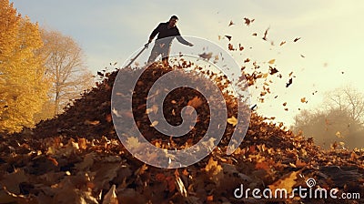 person raking leaves into a large pile for jumping Stock Photo