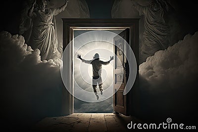 person, reaching for the door to heaven, with their past indiscretions and sins visible Stock Photo