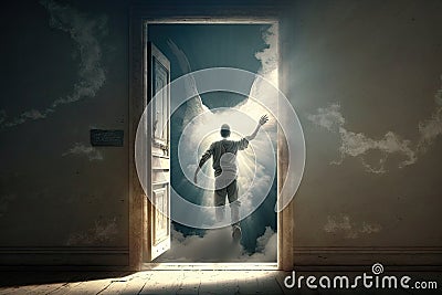 person, reaching for the door to heaven, with their past indiscretions and sins visible Stock Photo