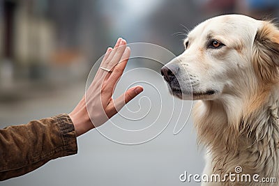 a person reaching out to pet a stray dog Stock Photo