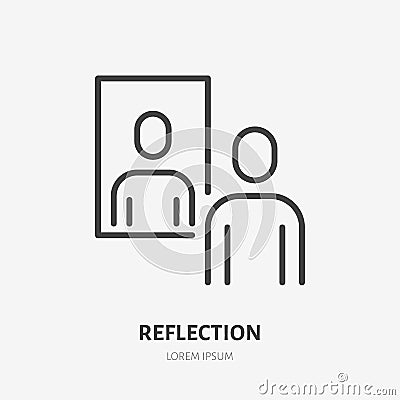 Person reflection in a mirror line icon, vector pictogram of confidence. Man looking at himself illustration, narcissism Vector Illustration