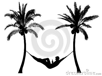 Person relax. Lies in hammock surrounded by palm trees. Vector silhouette. Isolated on a white background Vector Illustration