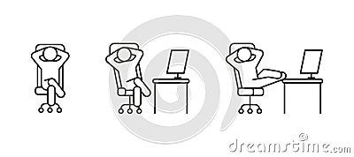 Person relax on work chair on computer, line icon set. Man rest on workplace, calm on chair. Lazy tired person, break Vector Illustration