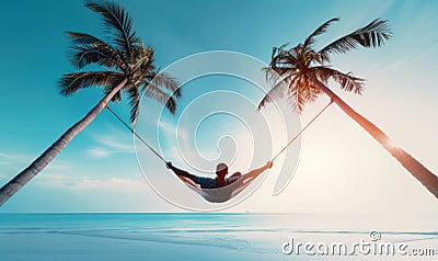 Person Relaxing in Hammock Between Palm Trees on Beach. Generative ai. Cartoon Illustration