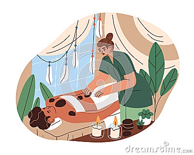 Person relaxing at hot stone massage in beauty and SPA salon. Professional body care and treatment by masseuse. Woman at Vector Illustration