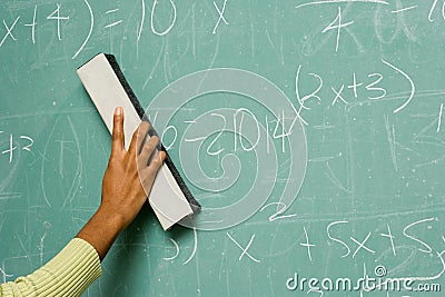 Person removing formulas from the blackboard Stock Photo