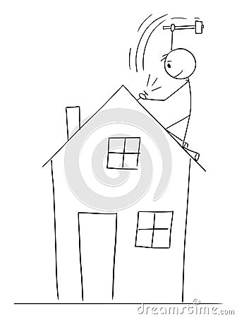 Person Repairing or building Roof of Family House, Vector Cartoon Stick Figure Illustration Vector Illustration