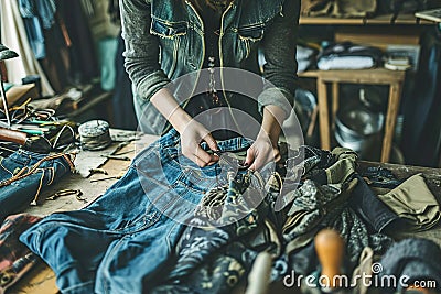 A person repairing or upcycling old clothing items Stock Photo