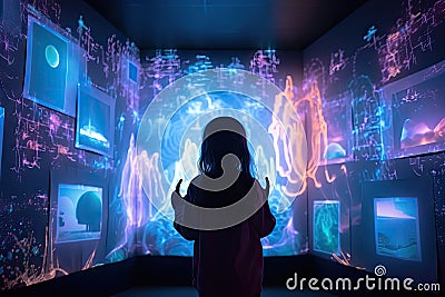 person, reviving memories from childhood, with digital holographic background of their old room Stock Photo