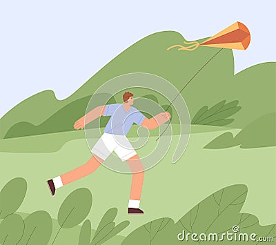 Person running forward with air kite flying, holding it with string, enjoying game with wind. Happy free man playing Vector Illustration