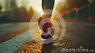 A person running on a road with the sun setting in front of them, AI Stock Photo