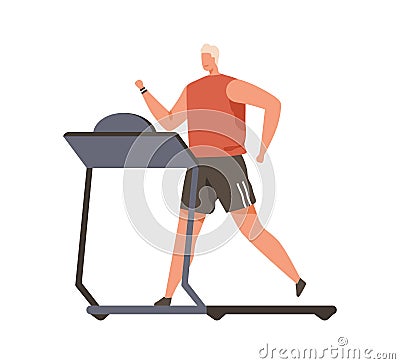 Person running on treadmill. Young man during cardio workout on gym equipment. Runner exercising on sports machine Vector Illustration