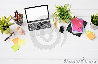 Person`s desk from above in marketing agency Stock Photo