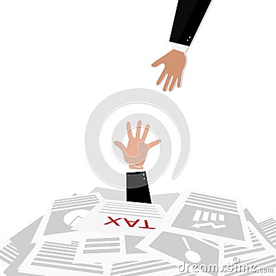 Person`s hand sticking out of a pile of tax forms, word help on the background, illustration Stock Photo