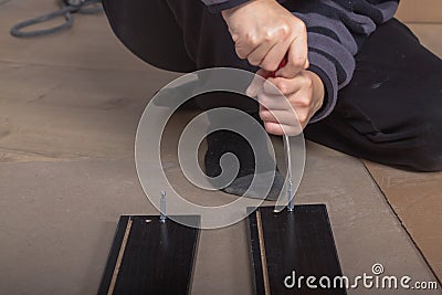 The person screws the bolt with a screwdriver when assembling furniture Stock Photo