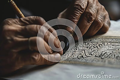 A person is seen writing on a book with a pen, focusing intently on the task at hand, A calligrapher crafting intricate Arabic Stock Photo