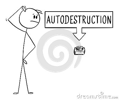 Person and Autodestruction Switch or button, Vector Cartoon Stick Figure Illustration Vector Illustration
