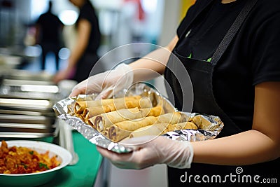 person serving spring rolls at a healthcare charity food event Stock Photo