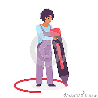 Person setting personal boundaries, introvert holding marker to draw circle line Vector Illustration