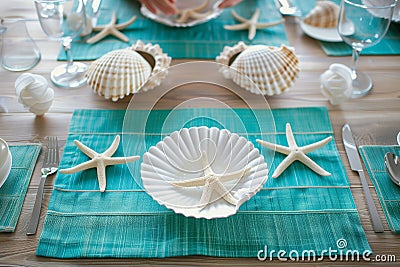 person setting a table with turquoise placemats, white starfish decorations, and shellshaped dishes Stock Photo