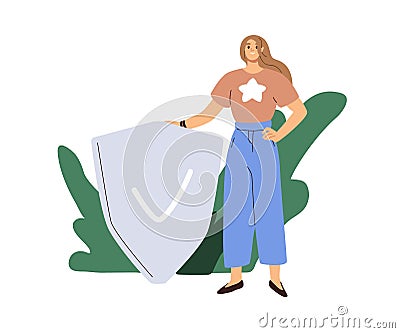 Person with shield and checkmark. Safety, insurance, security and defense concept. Protected insured woman. Safe data Vector Illustration