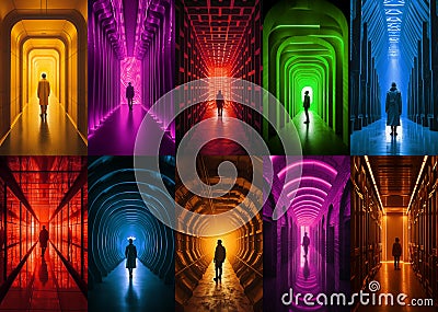 Person in shiny corridors with neon lights. A set of various vertical backgrounds for mobile phone Stock Photo