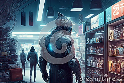 person, shopping for robot thief in high-tech store, with futuristic gadgets and devices on display Stock Photo