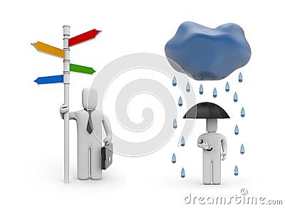 Person with signpost and person with umbrella. All directions are accessible to me Cartoon Illustration