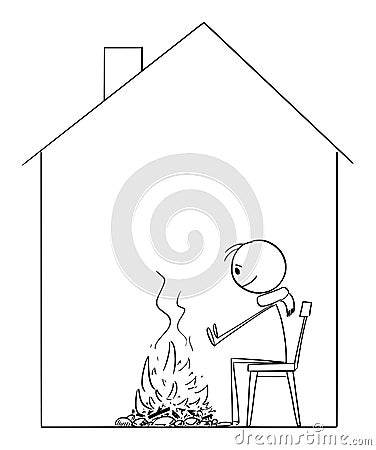 Person Sitting Around Campfire Inside Cold House During Energy Crisis , Vector Cartoon Stick Figure Illustration Vector Illustration