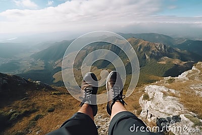 A person is sitting on a cliff with stunning view on mountains. Generative ai Stock Photo